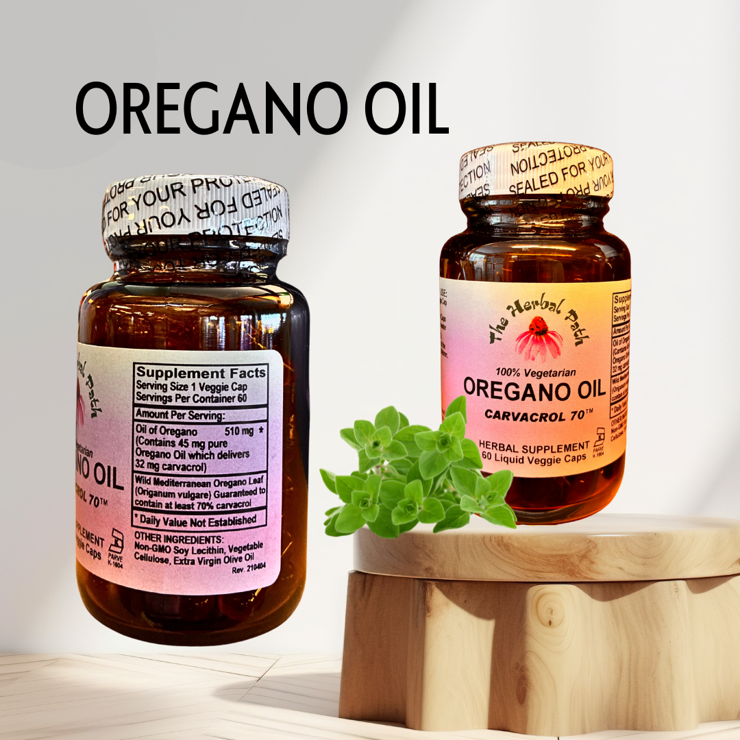 Two bottles of oregano oil supplement with a small plant on a wooden stand against a light background.