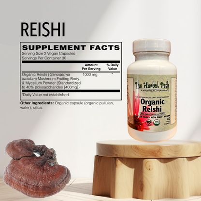 Supplement bottle labeled 'Organic Reishi' with supplement facts on a light background.