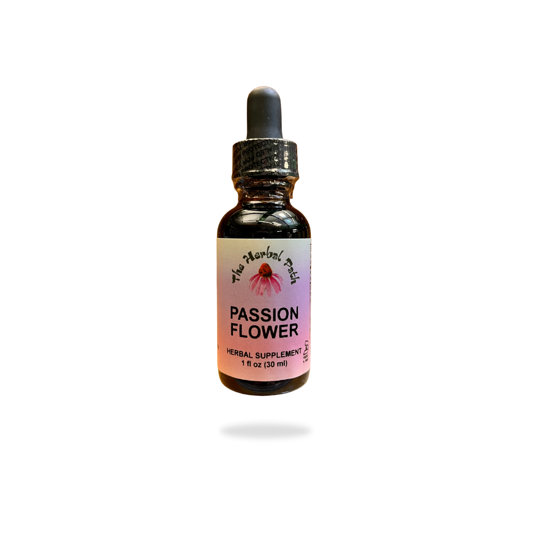 Bottle of passion flower tincture with an Herbal Path label on a white background.