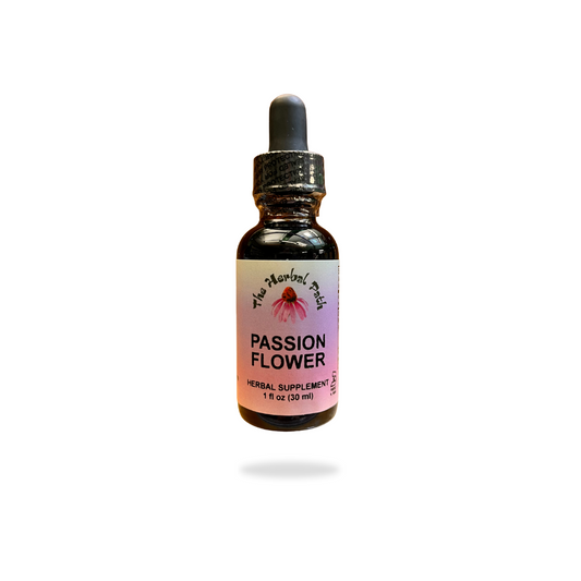 Bottle of passion flower tincture with an Herbal Path label on a white background.