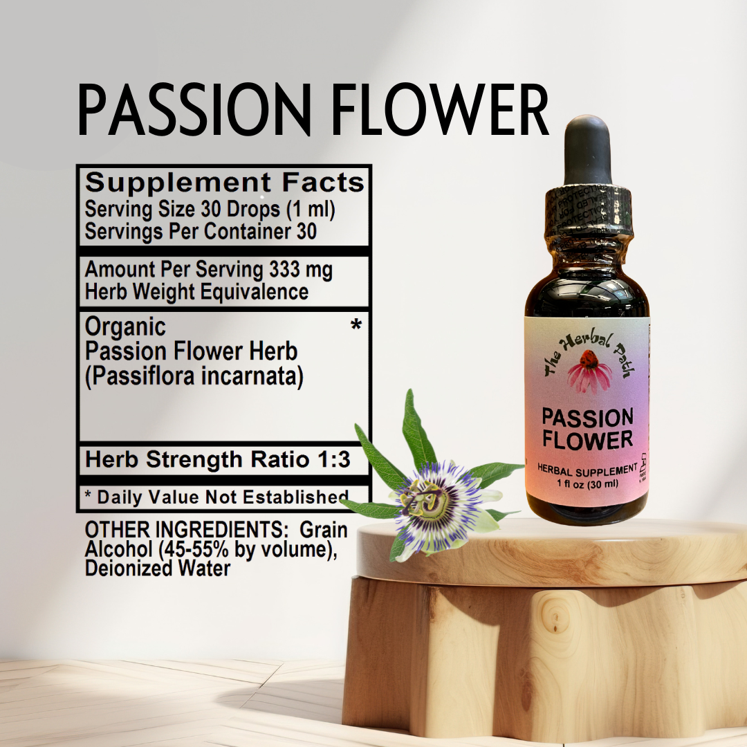 Passion flower supplement bottle with label and passionflower plant on a wooden stand.