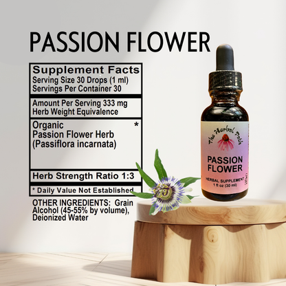 Passion flower supplement bottle with label and passionflower plant on a wooden stand.