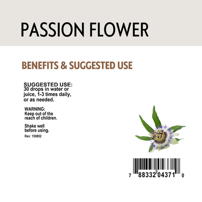 Passion flower label with benefits, suggested use, and a barcode on a white background
