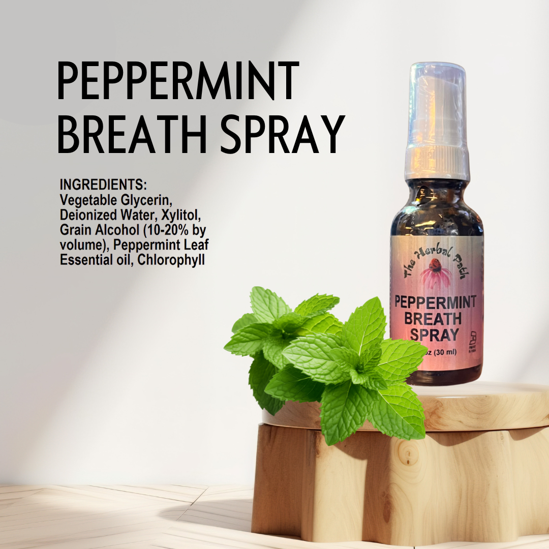 Peppermint breath spray bottle with ingredients listed.