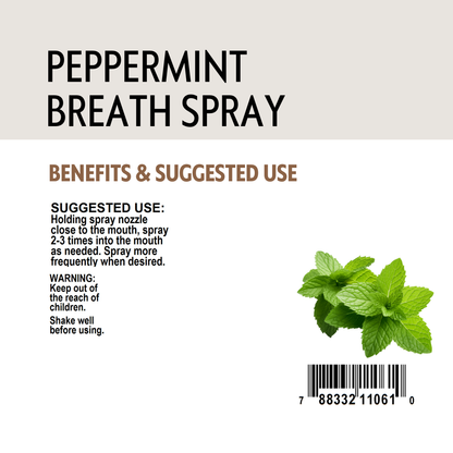 Peppermint breath spray label with suggested use, warning and barcode.