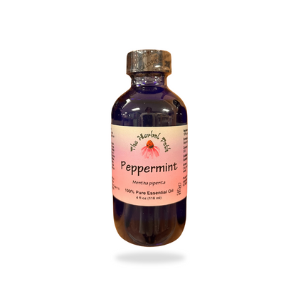 Bottle of peppermint essential oil by The Herbal Path.