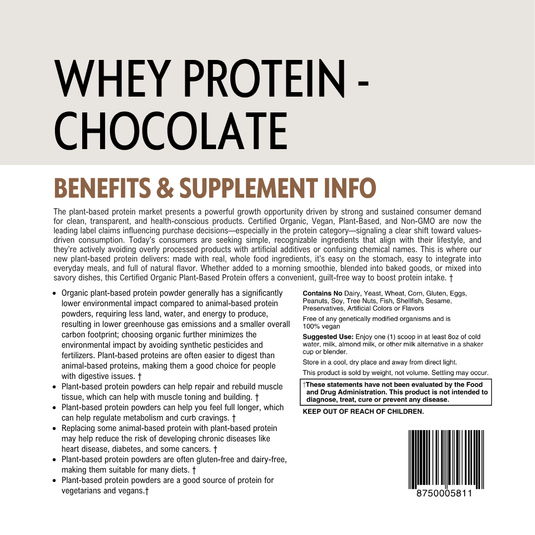 Whey protein chocolate supplement information label with text and barcode.