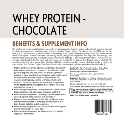 Whey protein chocolate supplement information label with text and barcode.