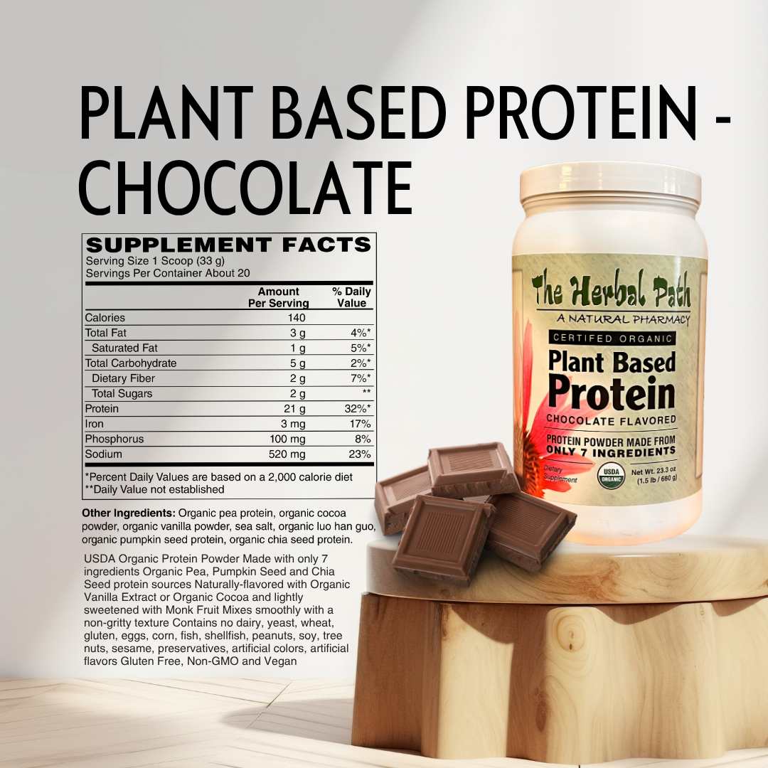 Plant-based protein powder container with chocolate flavor on a wooden block, supplement facts label included.
