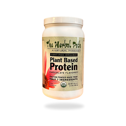 Jar of The Herbal Path plant-based protein powder on a white background.