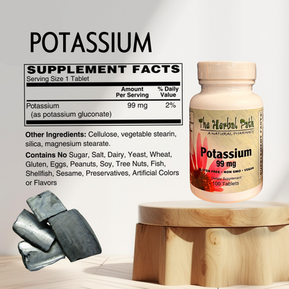 Supplement bottle labeled 'Potassium' with supplement facts on a neutral background.