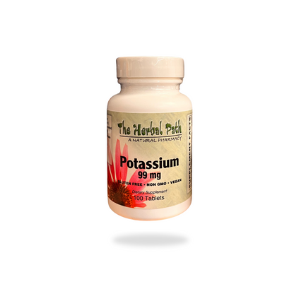 Supplement bottle labeled 'Potassium 99 mg' by 'The Herbal Path' on a white background.