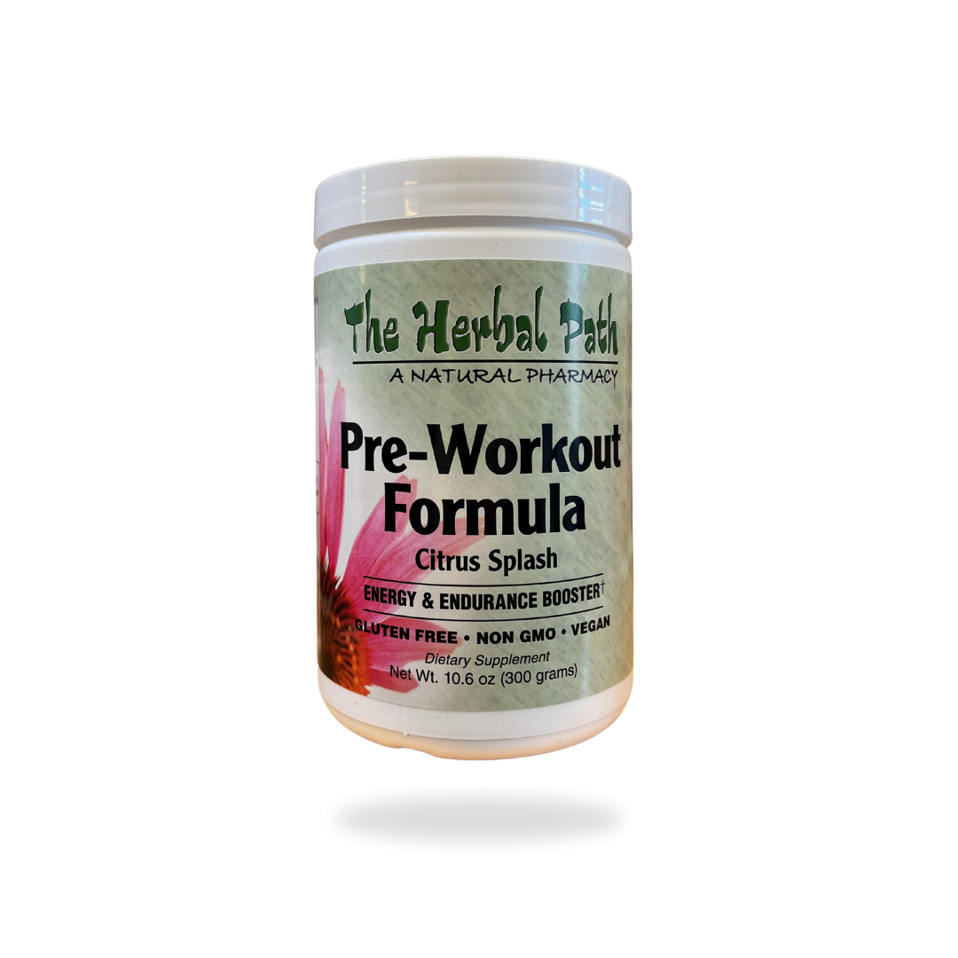 Pre-workout formula supplement container with 'The Herbal Path' branding.
