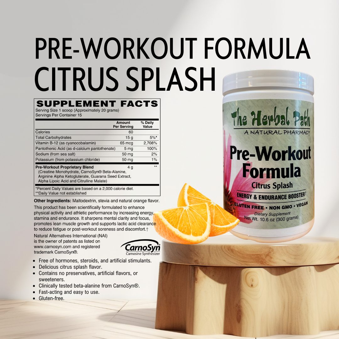 Pre-workout supplement container with ingredients and facts on a light background.