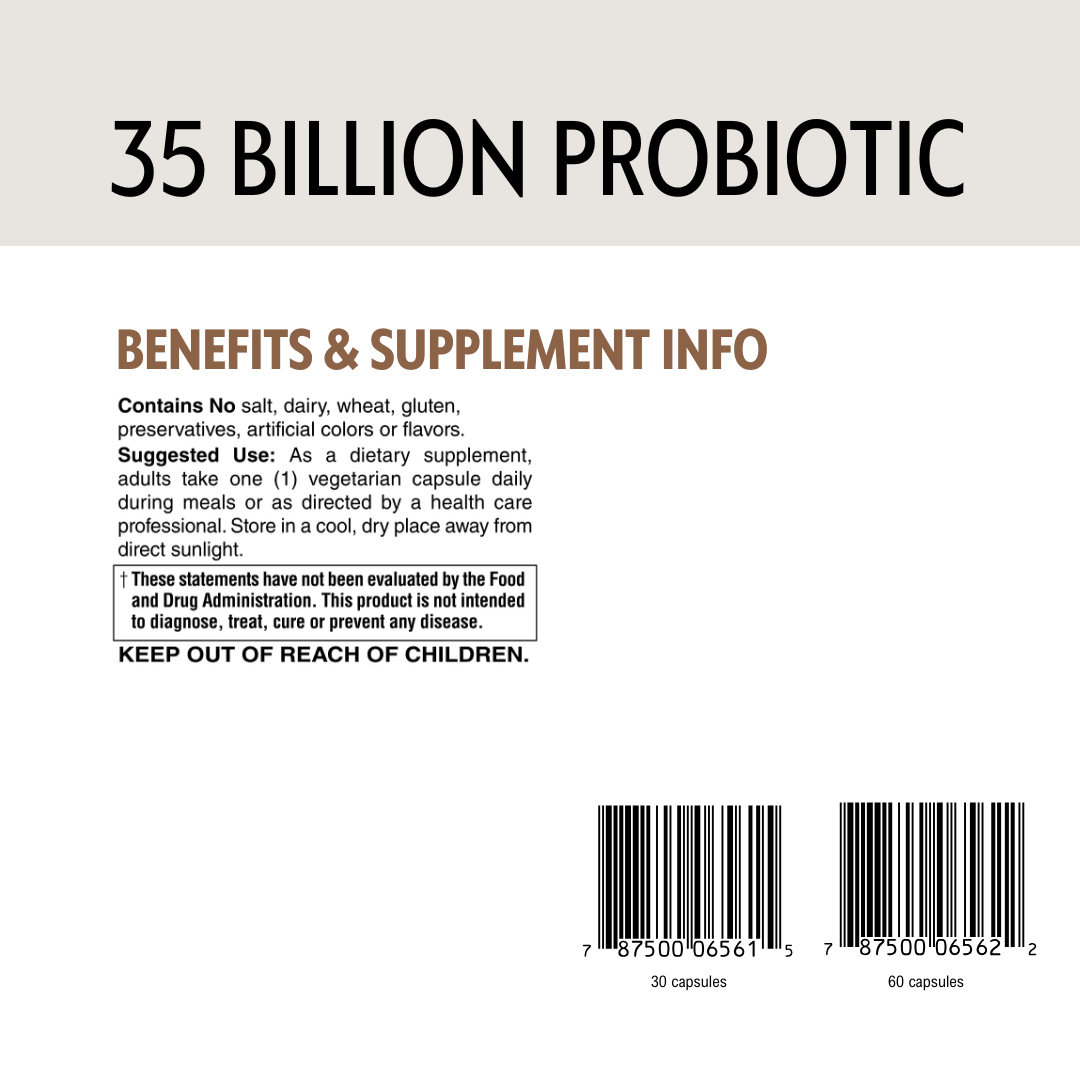 Back of a supplement package with text about probiotics, benefits, and supplement information.