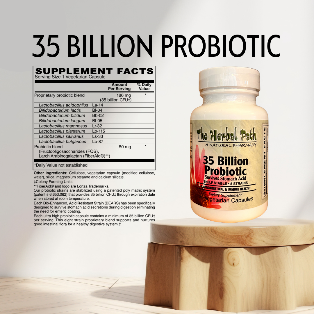 Probiotic supplement bottle with label and supplement facts on a wooden stand.
