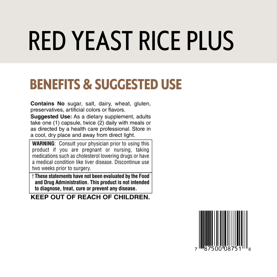 Back label of Red Yeast Rice Plus supplement with text and barcode.