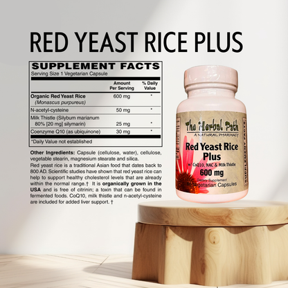 Red Yeast Rice Plus supplement bottle with label and supplement facts on a white background
