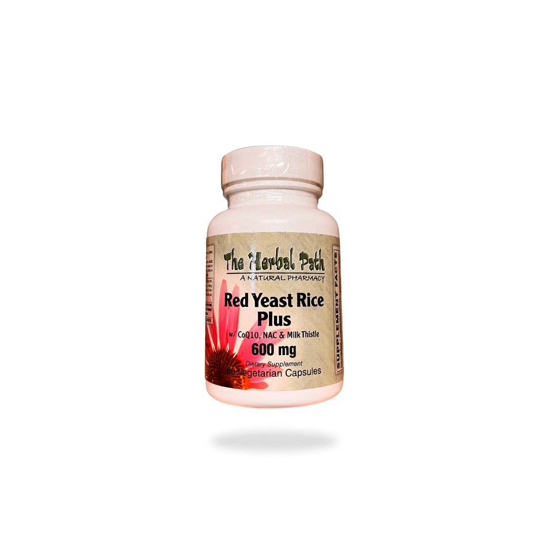 Bottle of Red Yeast Rice Plus supplement from The Herbal Path on a white background