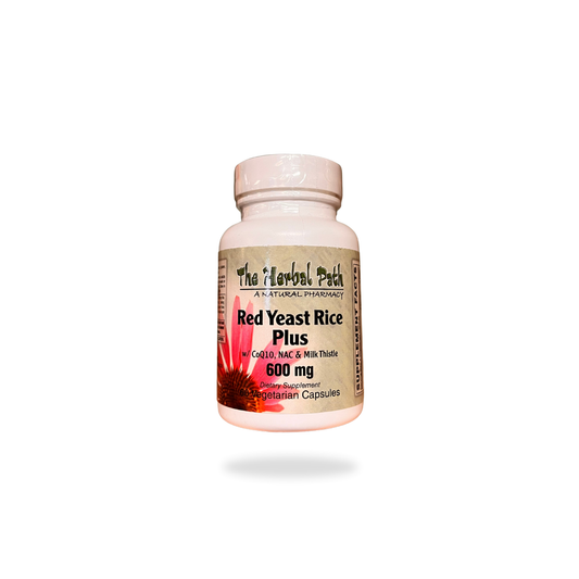 Bottle of Red Yeast Rice Plus supplement from The Herbal Path on a white background