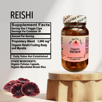 Supplement bottle labeled 'Organic REISHI' with Supplement Facts.