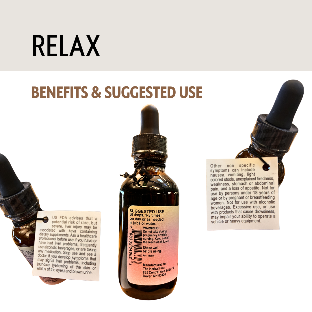 Bottle with dropper labeled 'Relax' and 'Benefits & Suggested Use' on a white background.