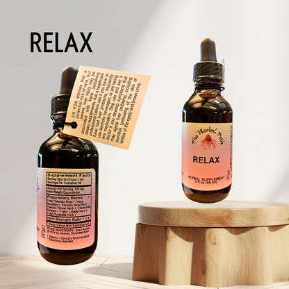 Two bottles of 'Relax' herbal supplement on a wooden stand with a light background.