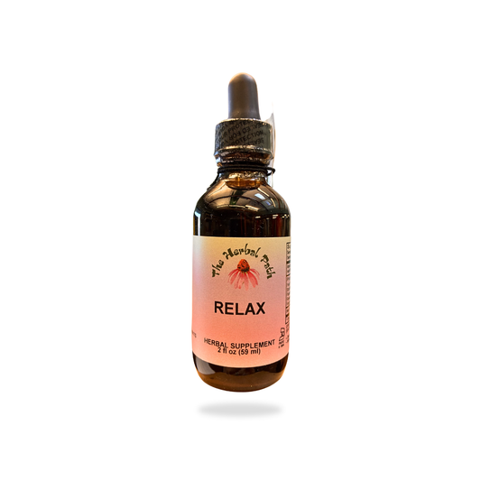 Bottle of herbal supplement labeled 'Relax' on a white background