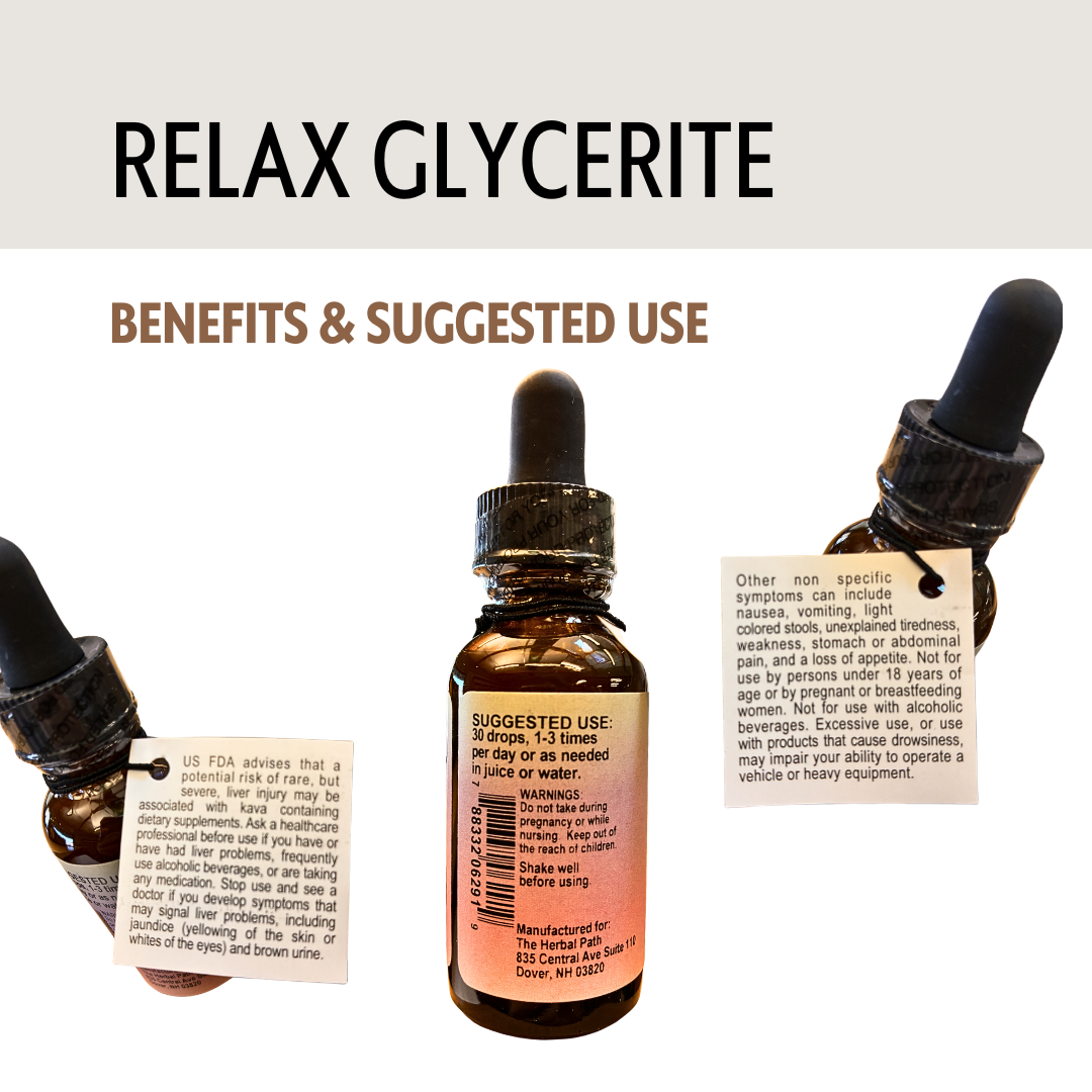 Bottle of Relax Glycerite with dropper and label on a white background