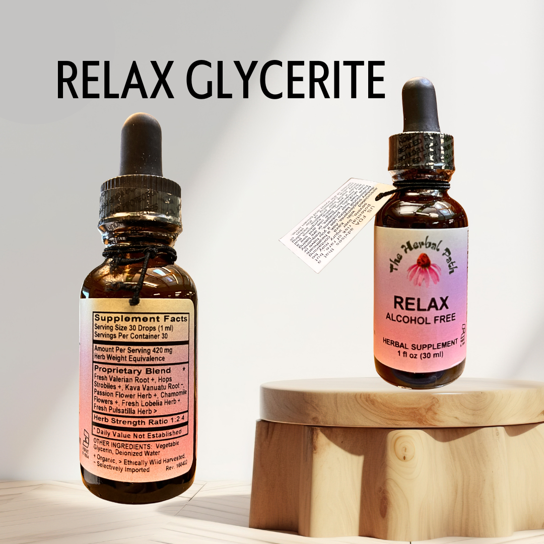 Two bottles of Relax Glycerite on a wooden stand with a light background