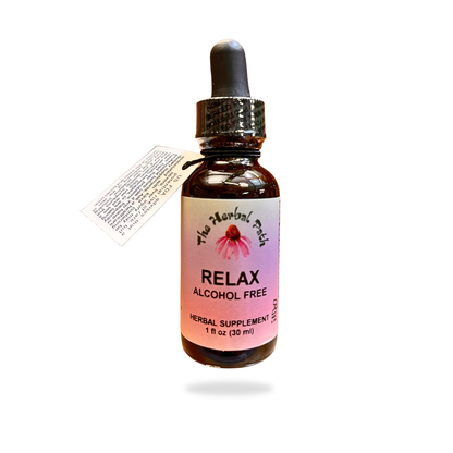 Bottle of 'The Herbal Path' relax supplement with a dropper on a white background