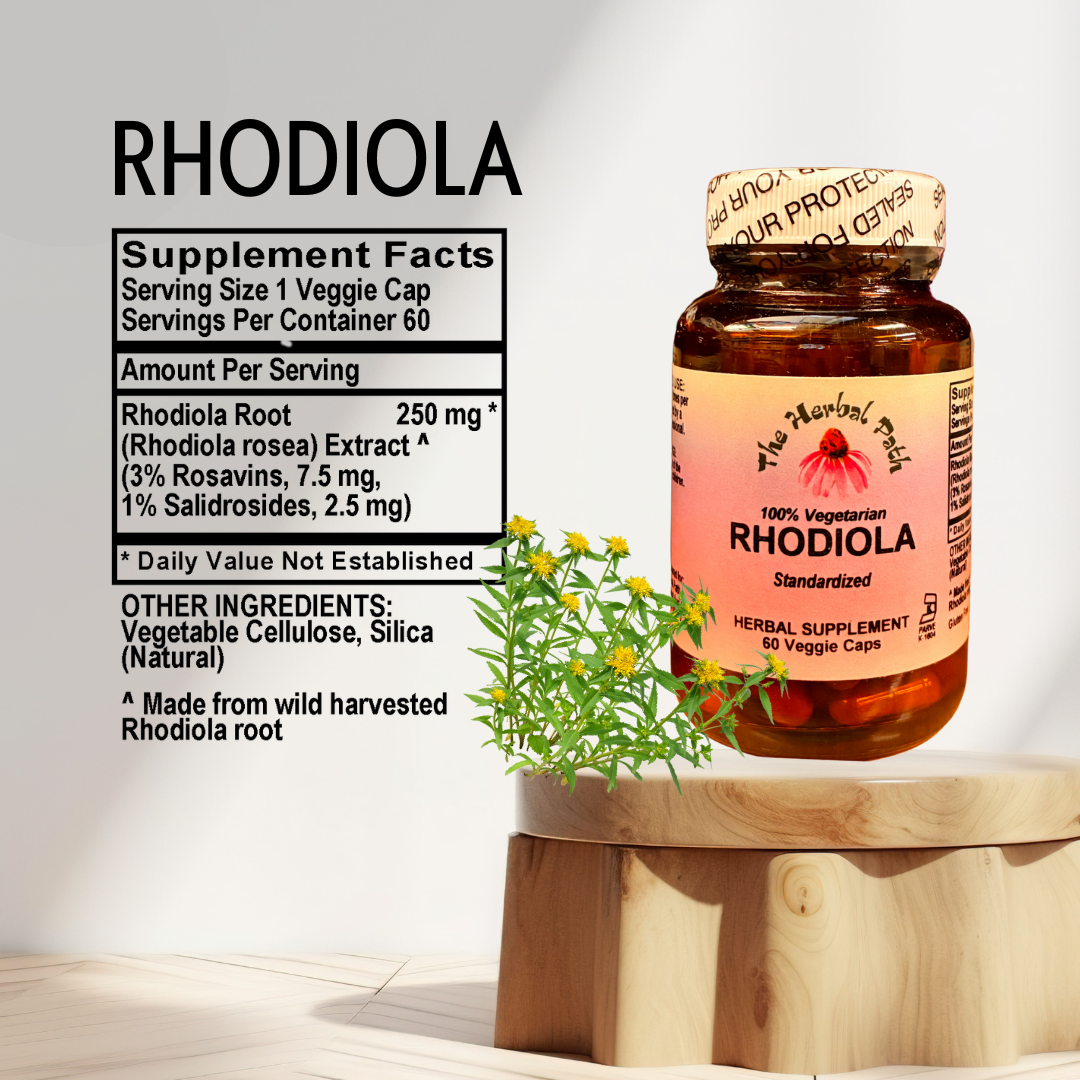 Bottle of Rhodiola supplement with label and supplement facts on a light background.