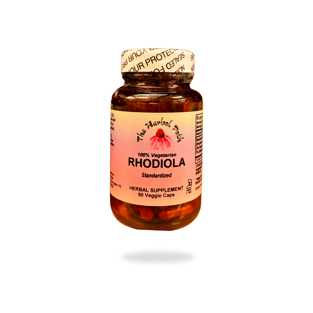 Bottle of Herbal Path Rhodiola supplement on a white background.