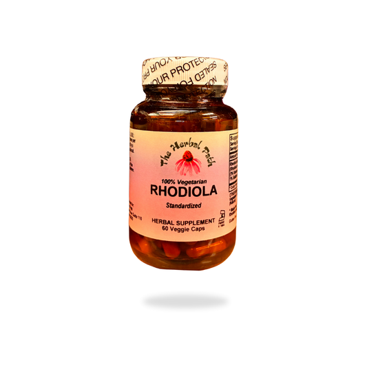 Bottle of Herbal Path Rhodiola supplement on a white background.
