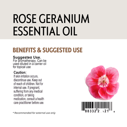 Rose Geranium essential oil label with a pink flower and text on a white background