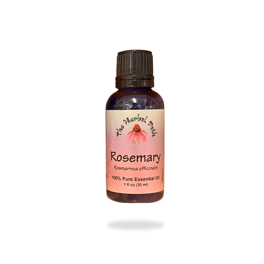 Rosemary essential oil bottle with The Herbal Path label.