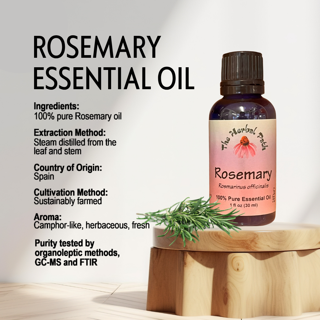 Rosemary essential oil bottle with product details on a light background.