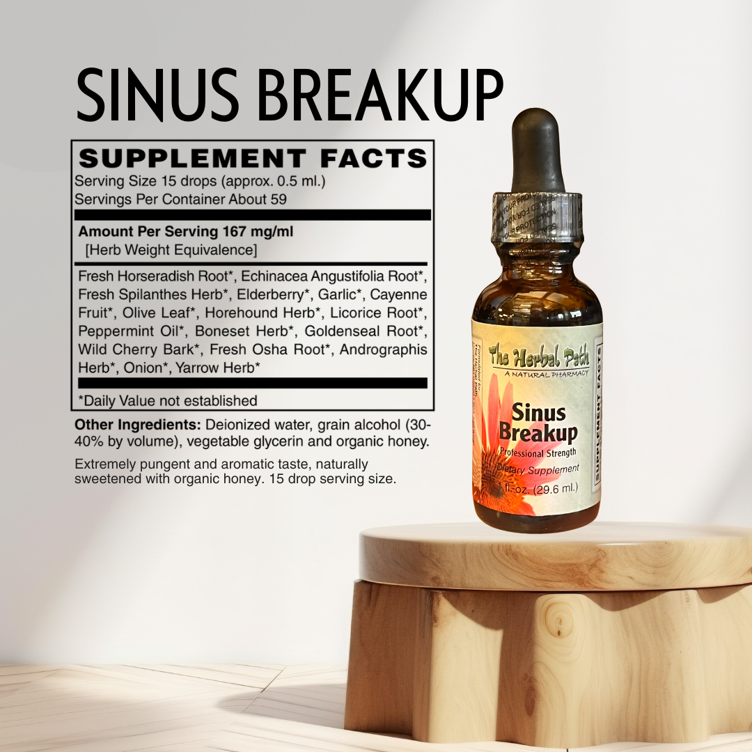 Supplement bottle labeled 'Sinus Breakup' on a wooden stand with supplement facts displayed.