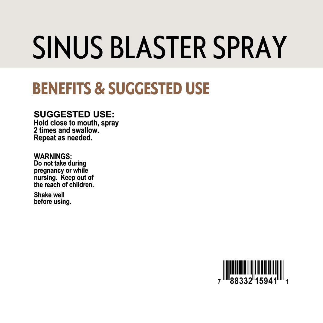 Label for Sinus Blaster Spray with benefits, suggested use, and warnings on a beige background.