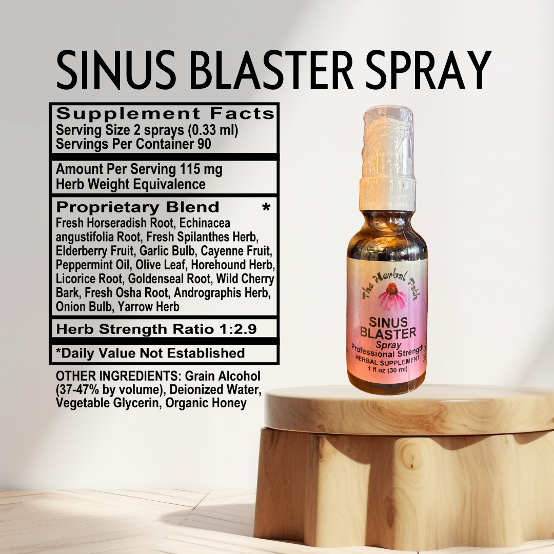 Sinus Blaster Spray bottle with supplement facts label on a wooden platform.