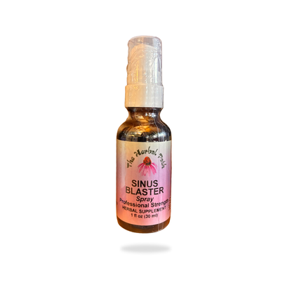 Bottle of Sinus Blaster Spray with a pink Herbal Path label on a white background.