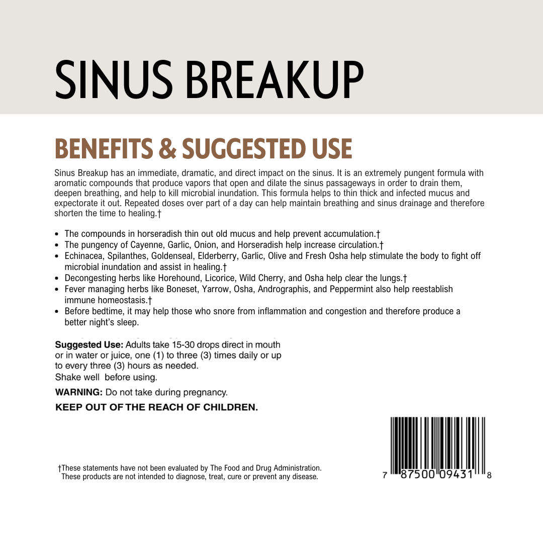 Product label for 'Sinus Breakup' with benefits and suggested use text on a white background.