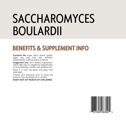 Supplement label for Saccharomyces Boulardii with text and a barcode on a beige background