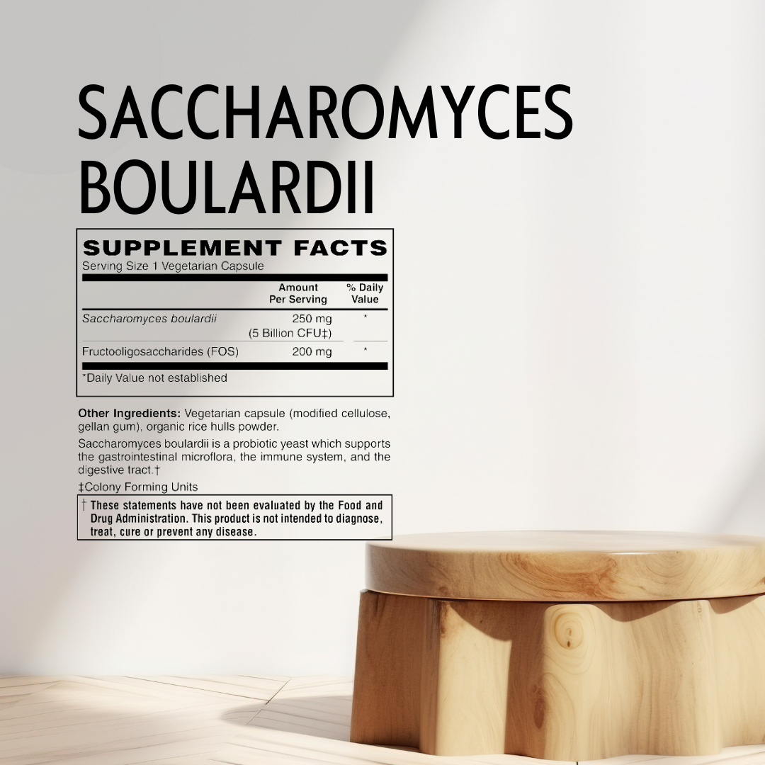 Supplement label for Saccharomyces Boulardii on a white background with a wooden stool.