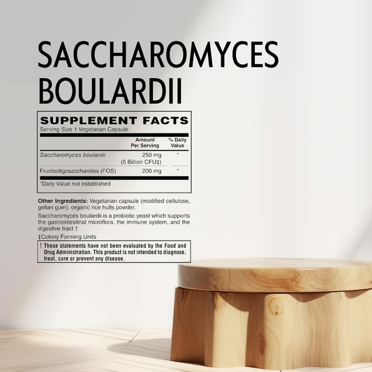 Supplement label for Saccharomyces Boulardii on a white background with a wooden stool.