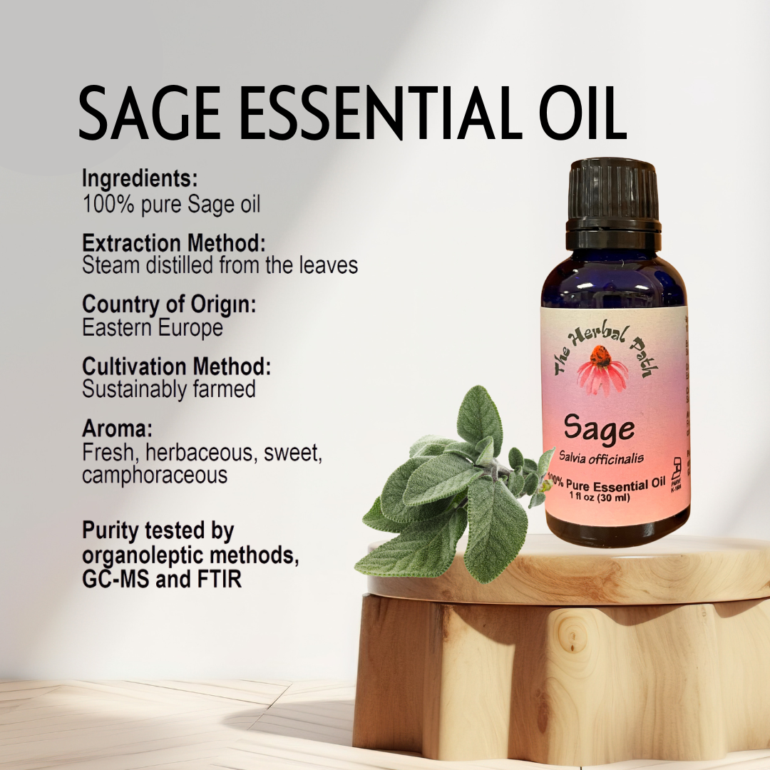 Sage essential oil bottle with product details on a light background.
