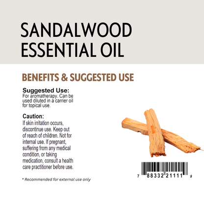 Sandalwood essential oil packaging with text and sandalwood sticks on a white background