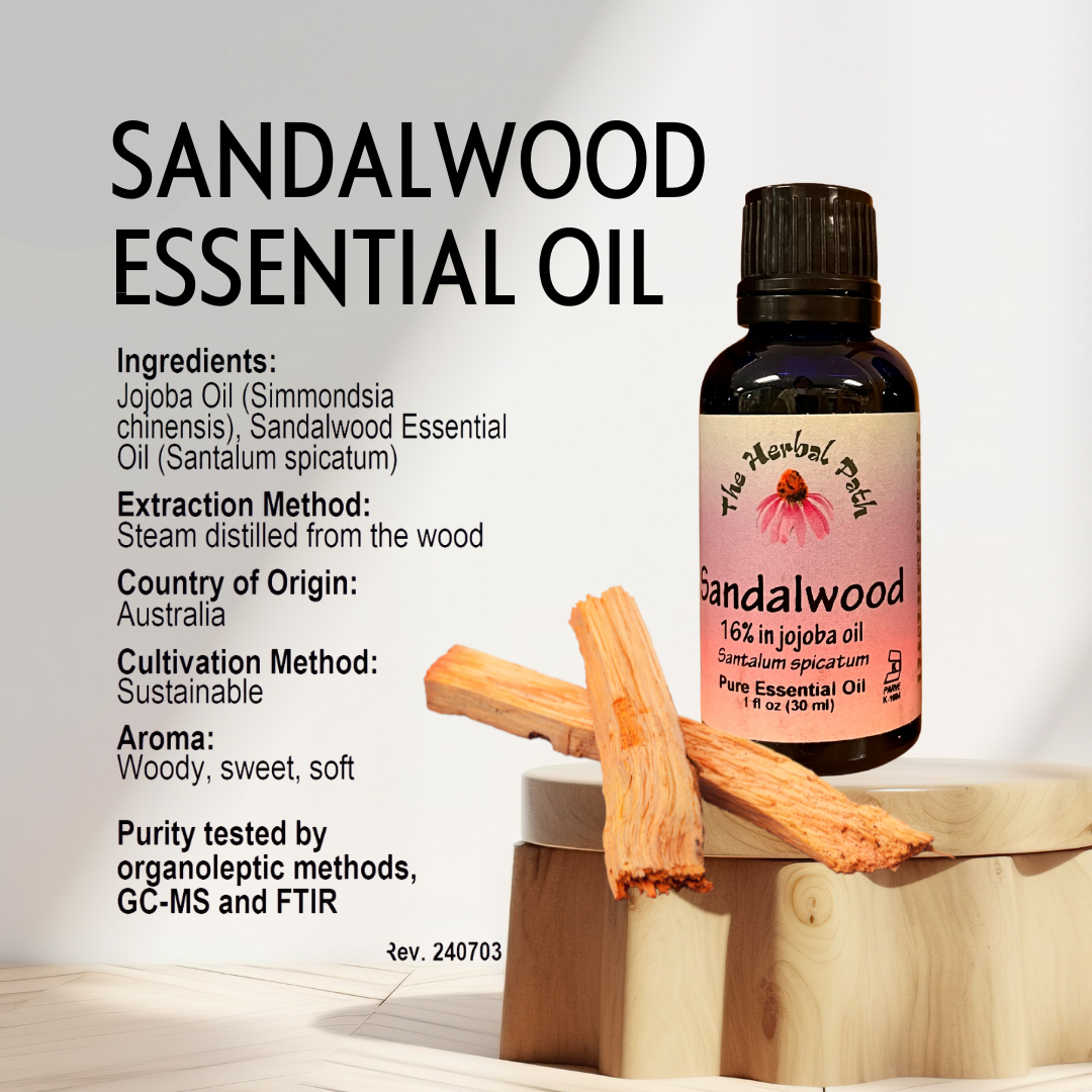 Sandalwood essential oil bottle with sandalwood sticks on a white background