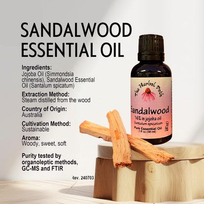 Sandalwood essential oil bottle with sandalwood sticks on a white background