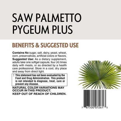 Saw palmetto pygeum plus supplement label with palm leaf illustration